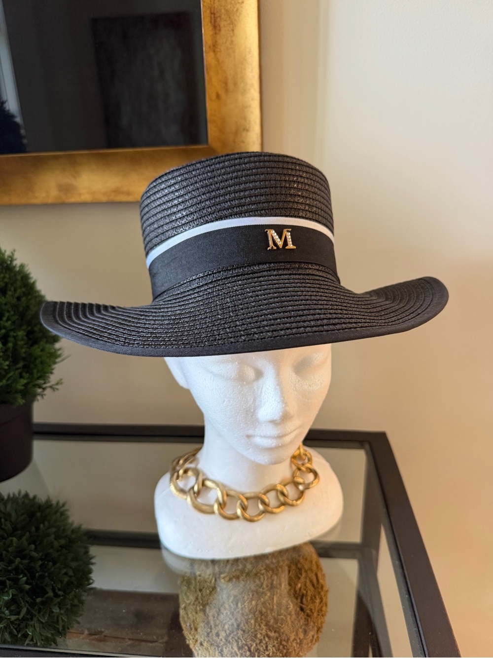 Black Wide-Brim Straw Sun Hat with White Trim and Gold 'M' Accent
